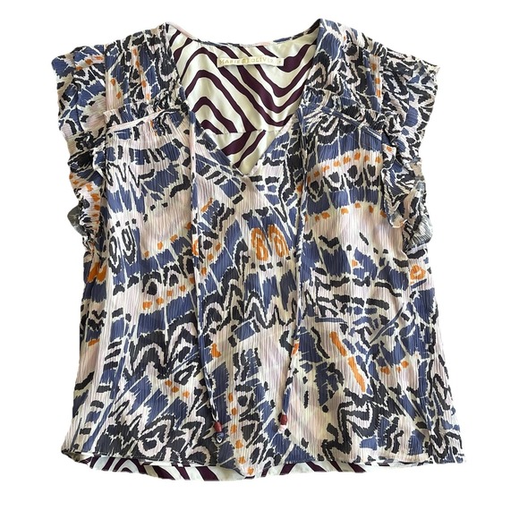 Marie Oliver Tops - Marie Oliver Flutter Sleeve Blouse Small Zebra Lined Crinkle Fabric V-Neck Ties